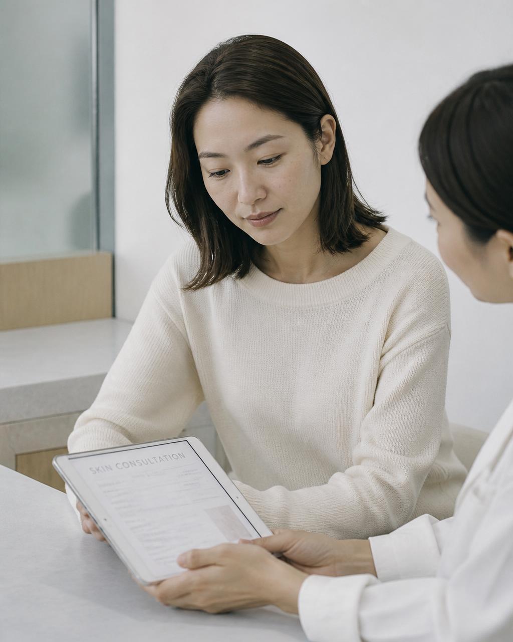 A Japanese woman in her late 20s reviewing a skin consultation document on a tablet with a clinician in a quiet, modern consultation room.